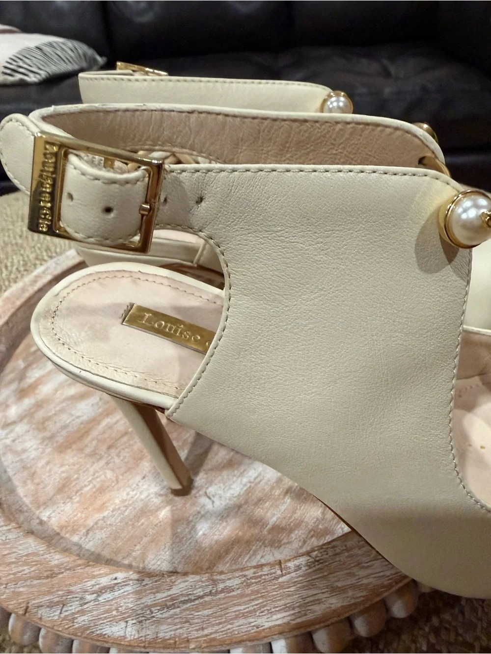 Louise et Cie Cream Pointed-Toe Slingback Heels with Pearl Detail